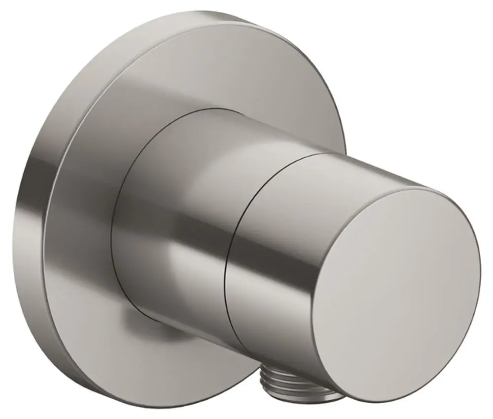 Runder Wandanschluss mit Schlauchanschluss aus Edelstahl-Finish. Produkt von Keuco, geeignet für die Umstellung in Sanitärbereichen.